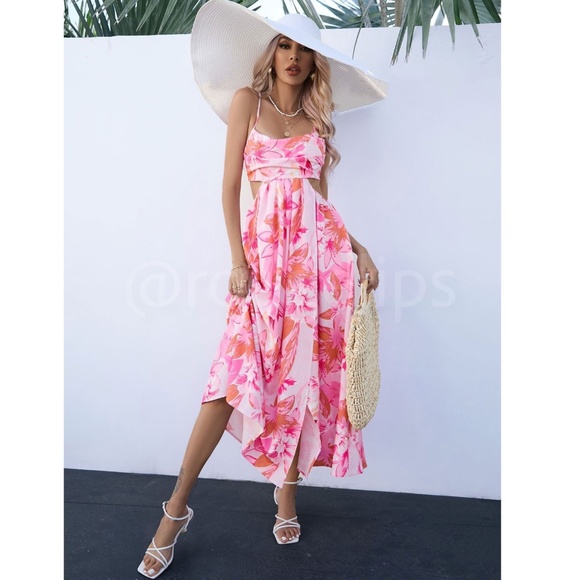 Pink Floral Cut Out Dress Maxi Leg Slit Tie Back - Picture 5 of 9